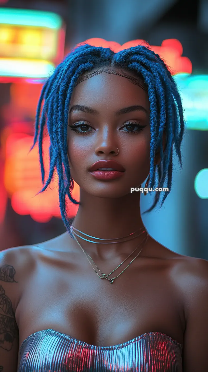 A woman with blue dreadlocks and a nose ring, wearing a glossy top and layered necklaces, standing against a neon-lit background.