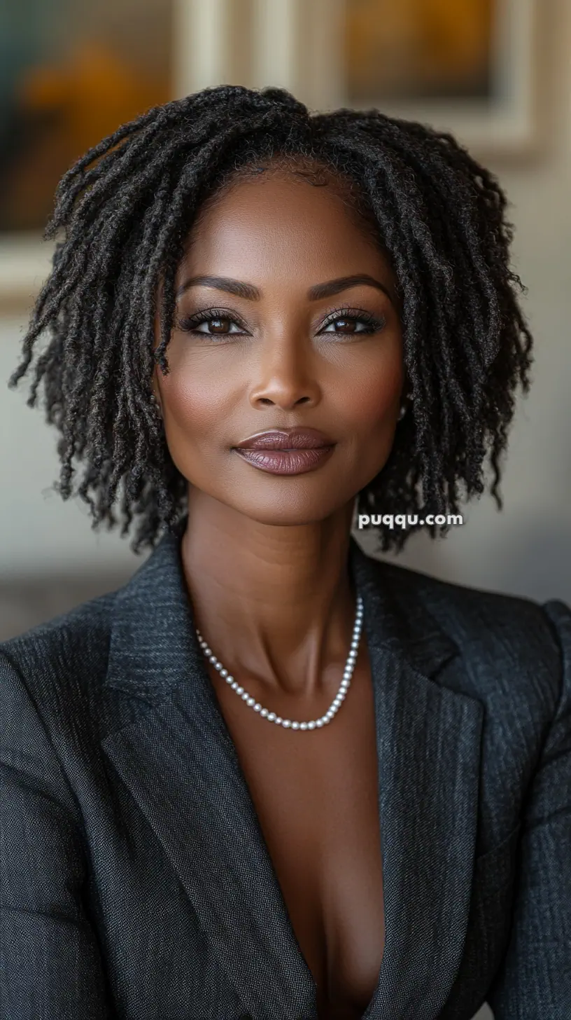 A confident woman with locs wearing a dark suit and a pearl necklace.