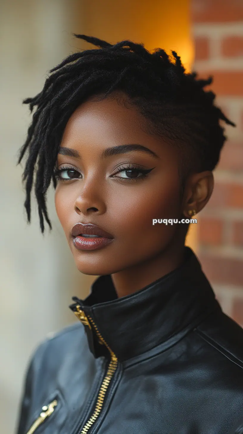 Woman with short dreadlocks wearing a leather jacket.