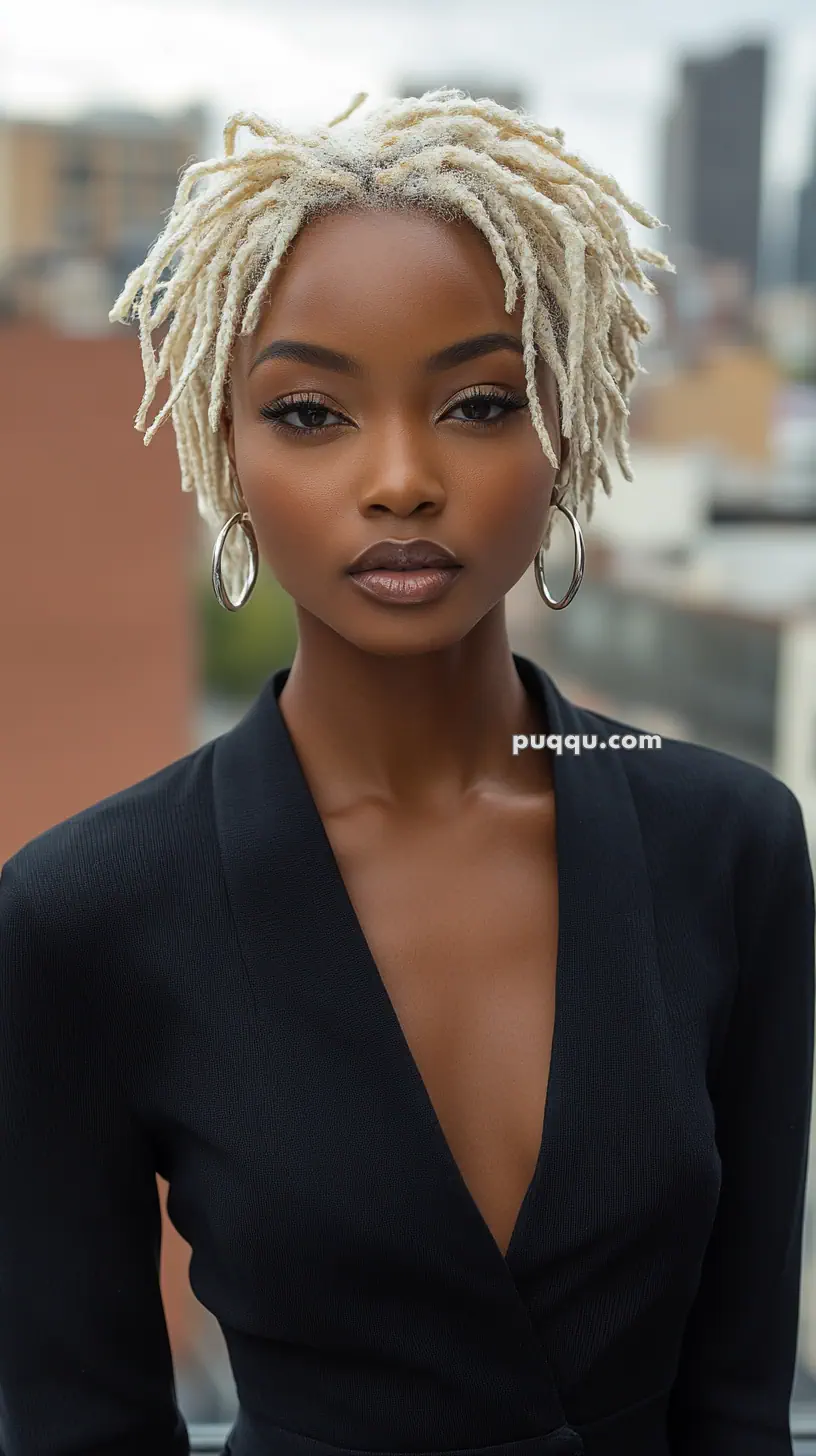 A woman with short, blonde dreadlocks wearing large hoop earrings and a black v-neck top.