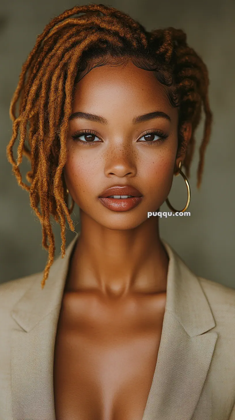 A woman with light brown curly hair, wearing large hoop earrings and a beige blazer.