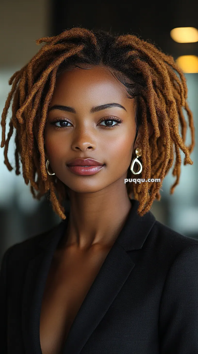 A person with short, styled locs and wearing earrings, dressed in a black blazer.