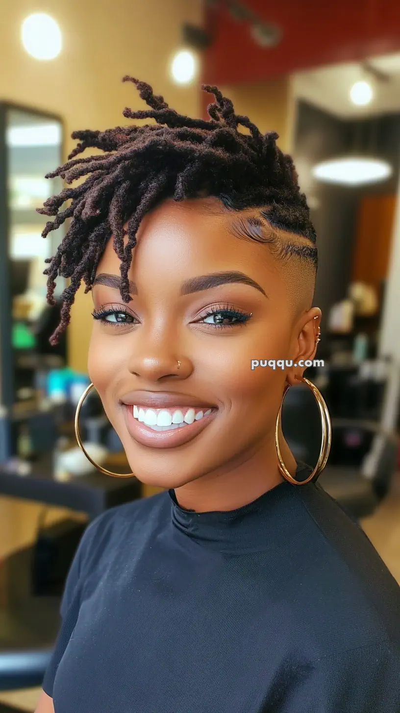 Smiling person with short curly locs and hoop earrings.