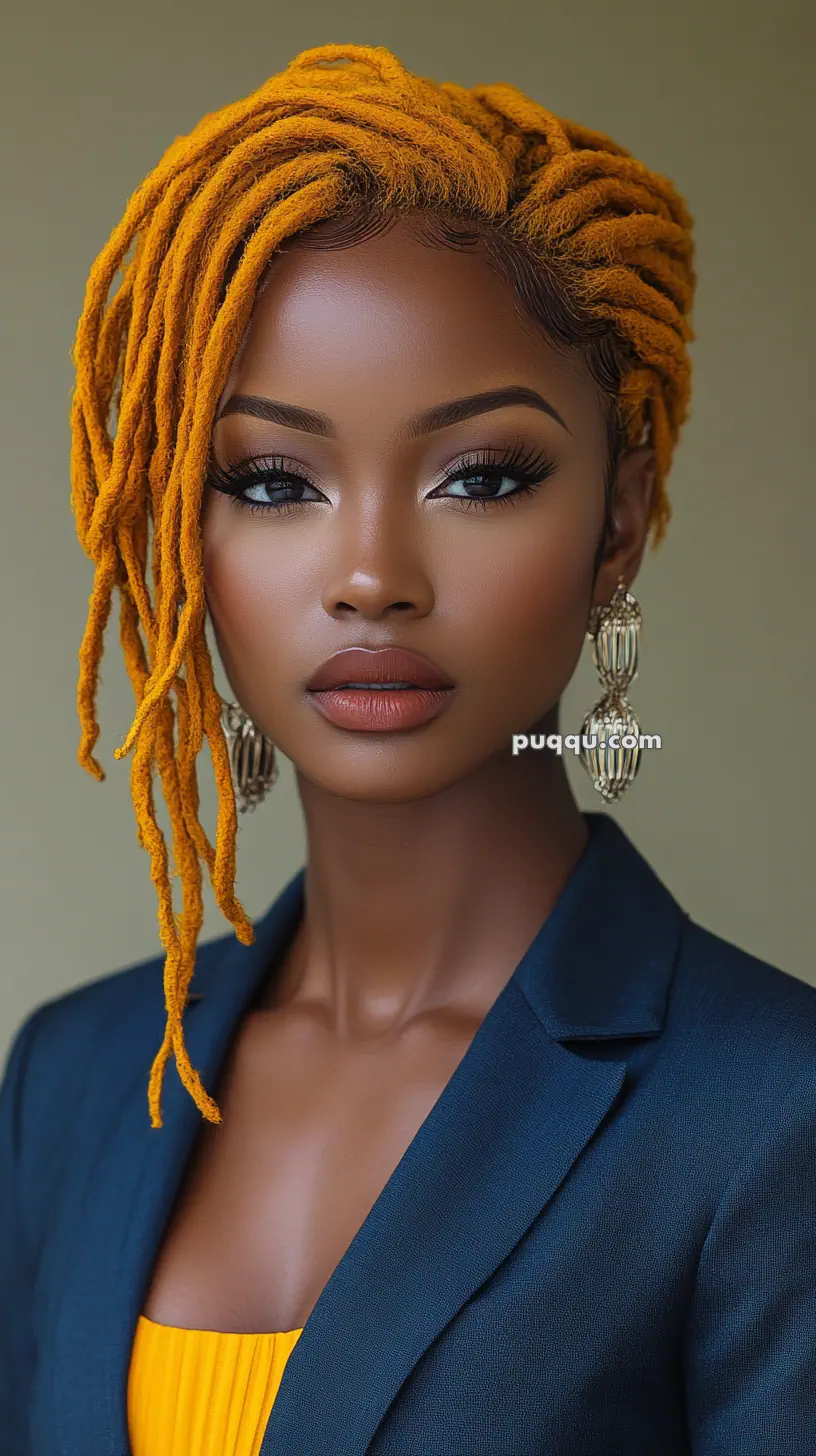 Portrait of a woman with orange dreadlocks, wearing a navy blazer and large earrings.