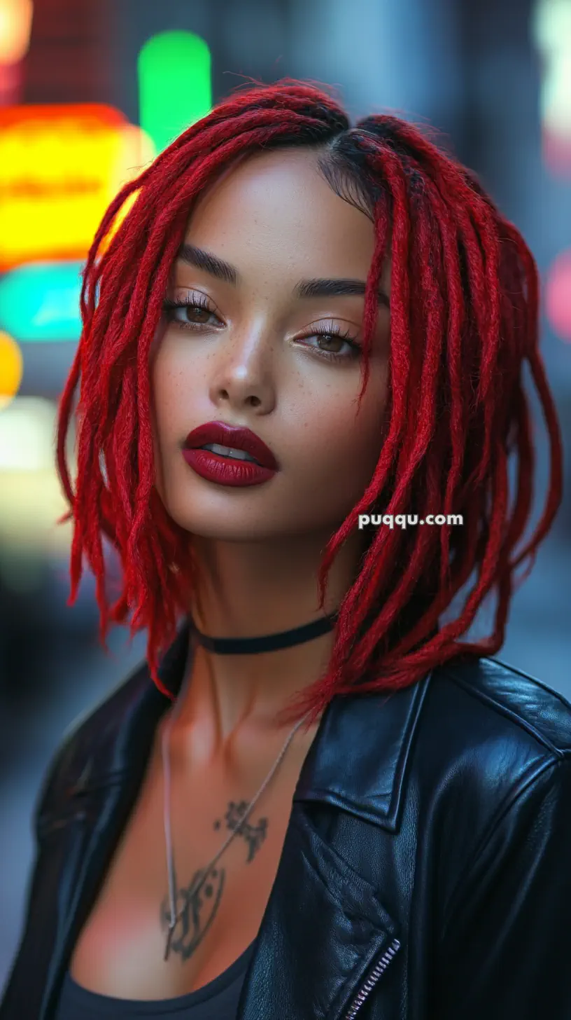 A person with red dreadlocks, wearing red lipstick and a black leather jacket, standing outdoors.