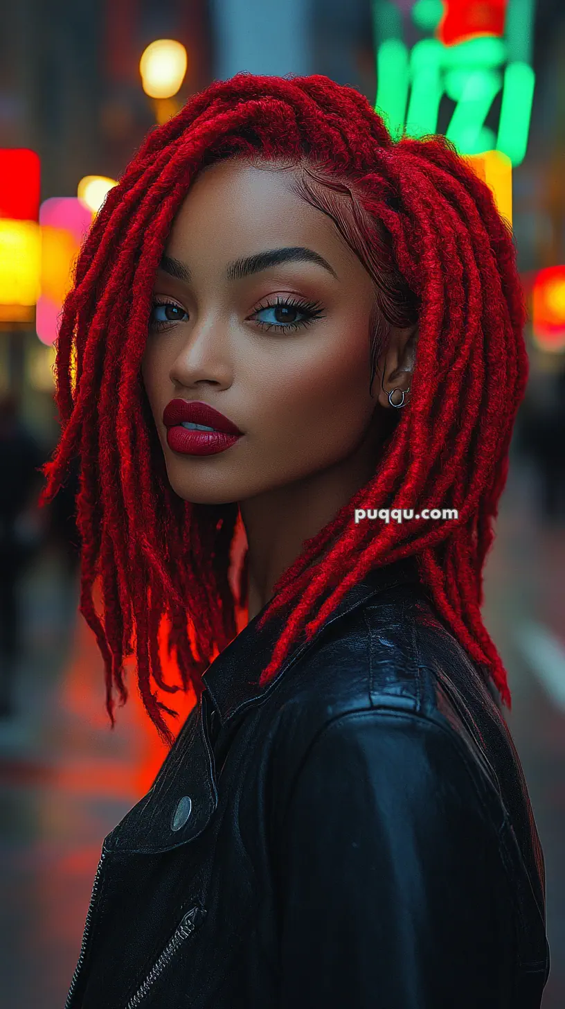 A person with bright red dreadlocks and a leather jacket stands in a brightly lit urban setting.