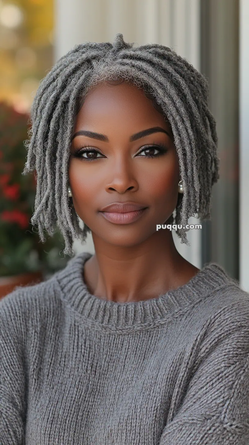 A woman with short gray locs wearing a gray sweater, looking confidently at the camera.