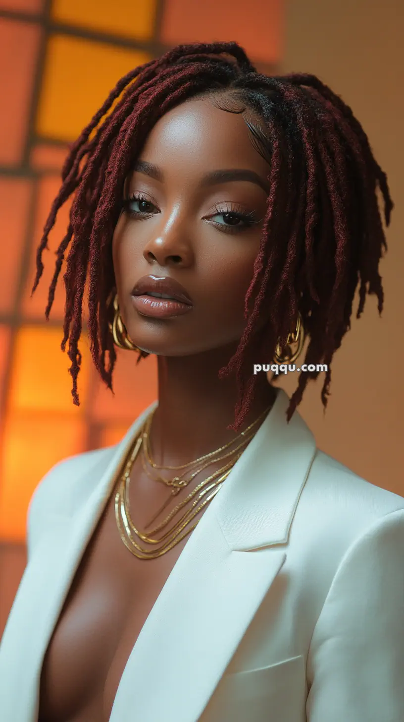 A person with short, twisted dreadlocks and wearing a white blazer, gold hoop earrings, and layered necklaces, set against a warm, abstract background.