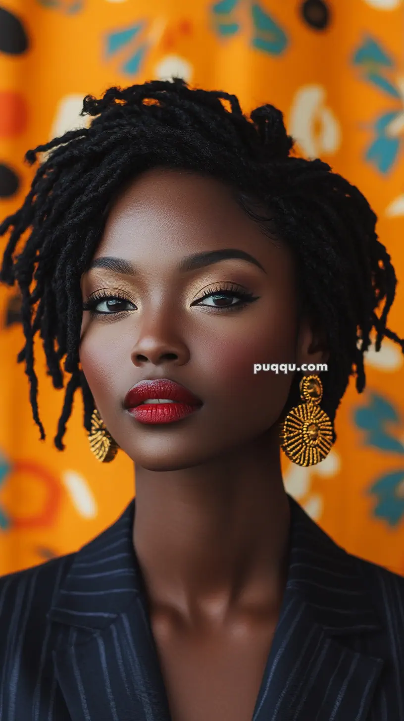 Portrait of a person with short dreadlocks, wearing bold red lipstick and large gold earrings, against a patterned orange background.