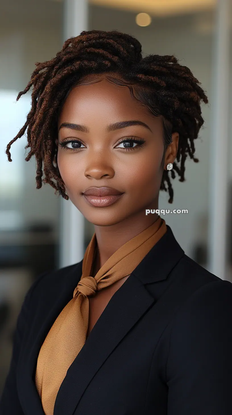 A woman with short, curly hair wearing a black blazer and a brown scarf, posing indoors.