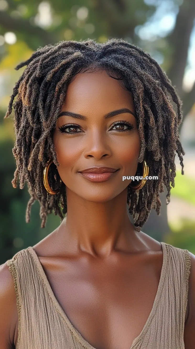 A person with short locs and gold hoop earrings, wearing a beige top, smiling outdoors.