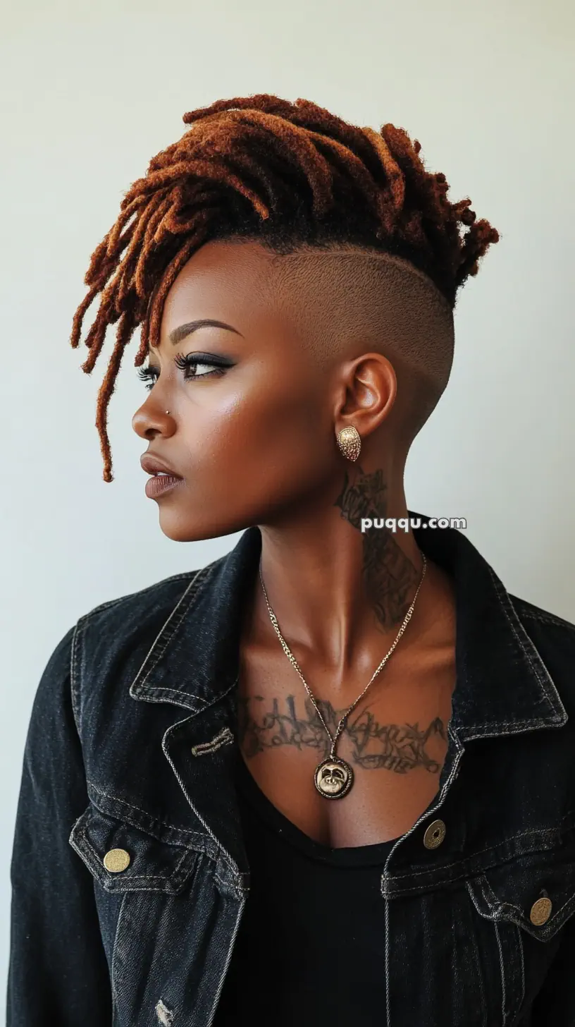 Person with styled dreadlocks and shaved sides, wearing earrings, a necklace, and a denim jacket.