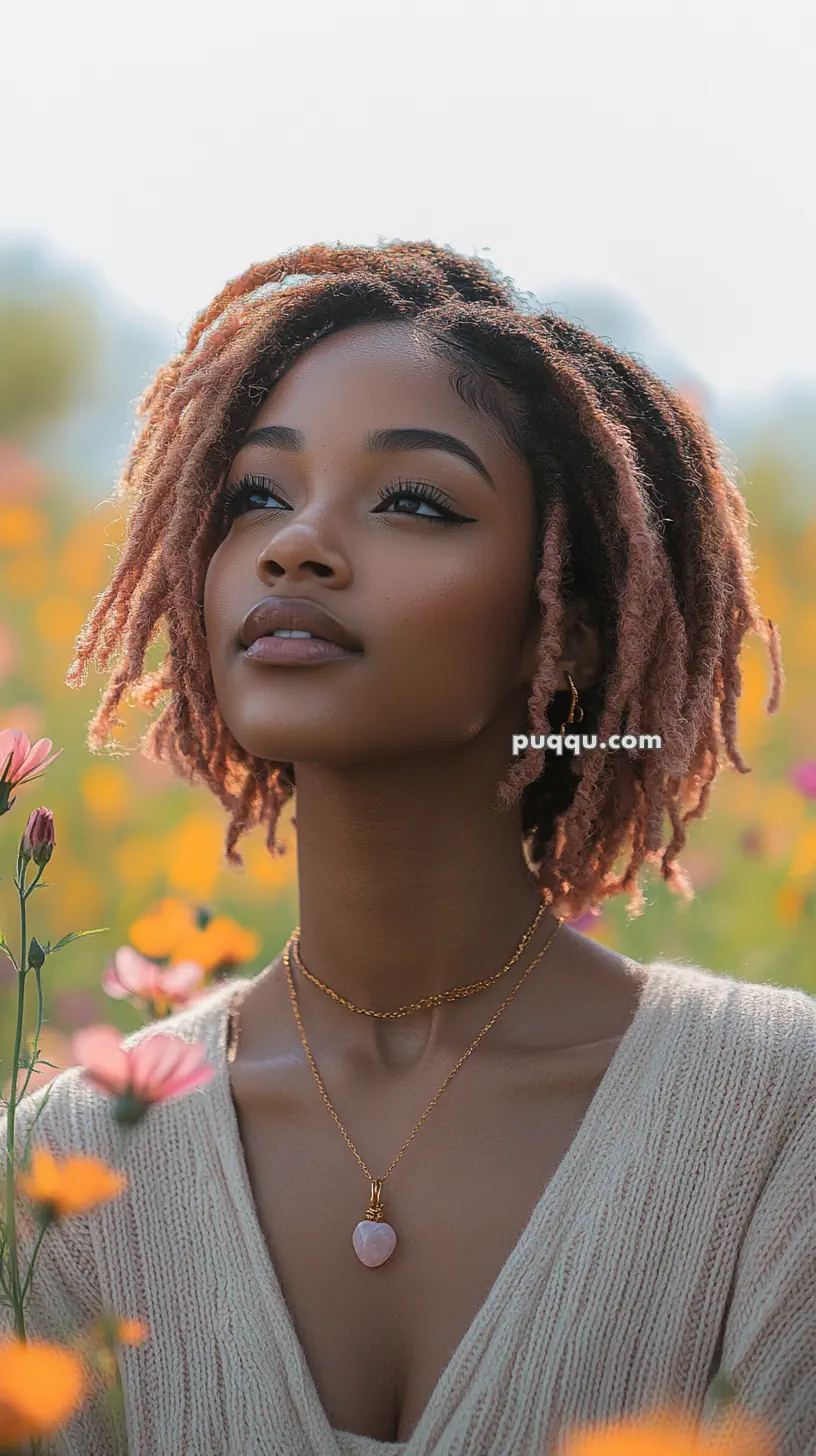 A woman with short curly hair and a pendant necklace stands in a field of flowers, looking upward.