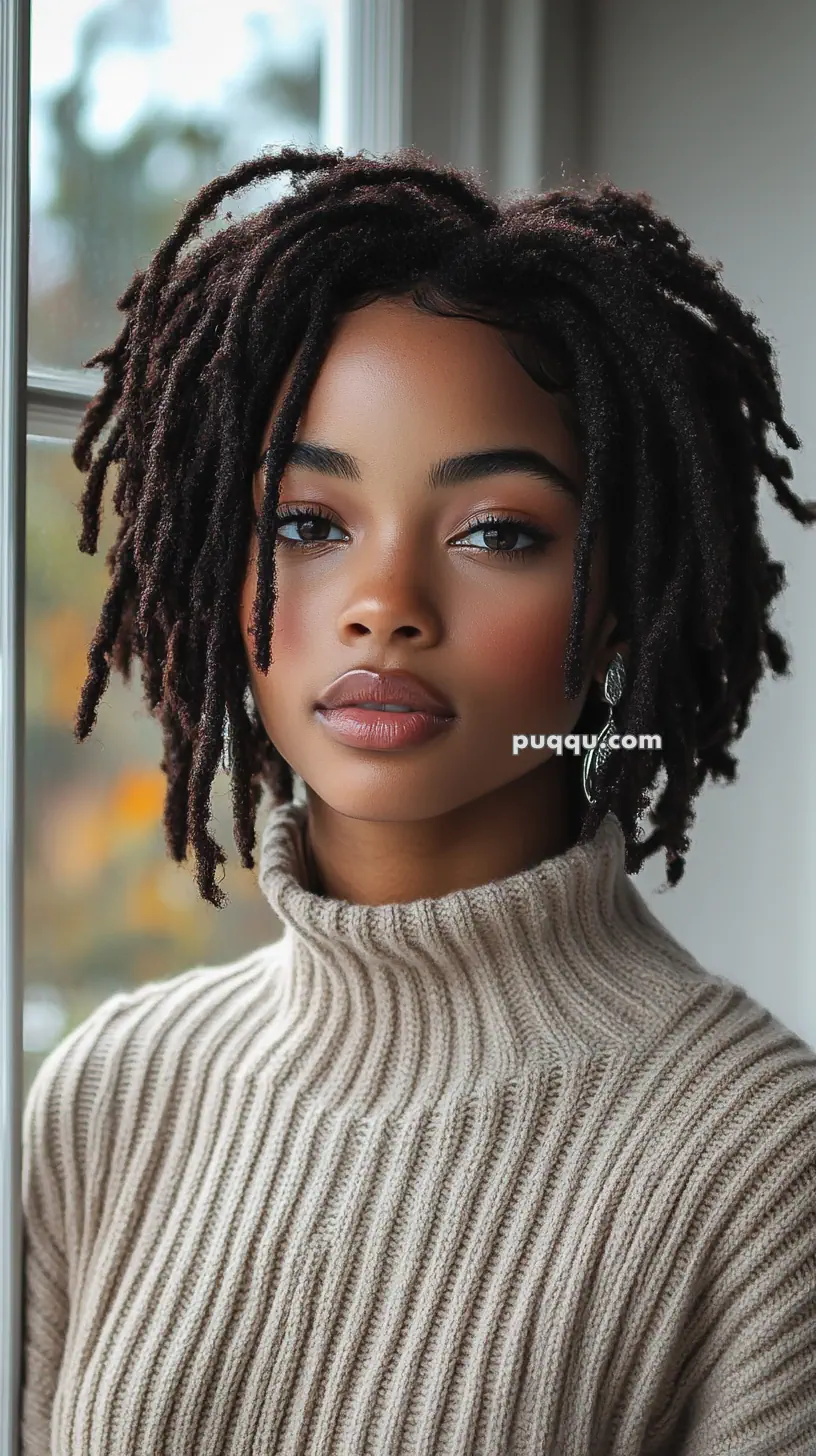 A person with short, textured hair wearing a beige turtleneck sweater, standing by a window.