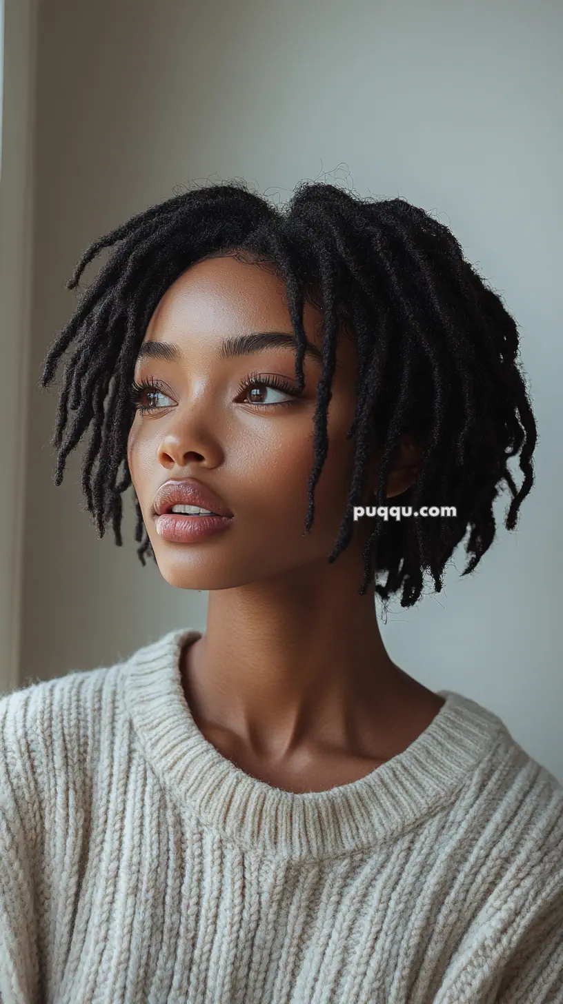 A person with short, textured locs wearing a ribbed, light-colored sweater, looking to the side.