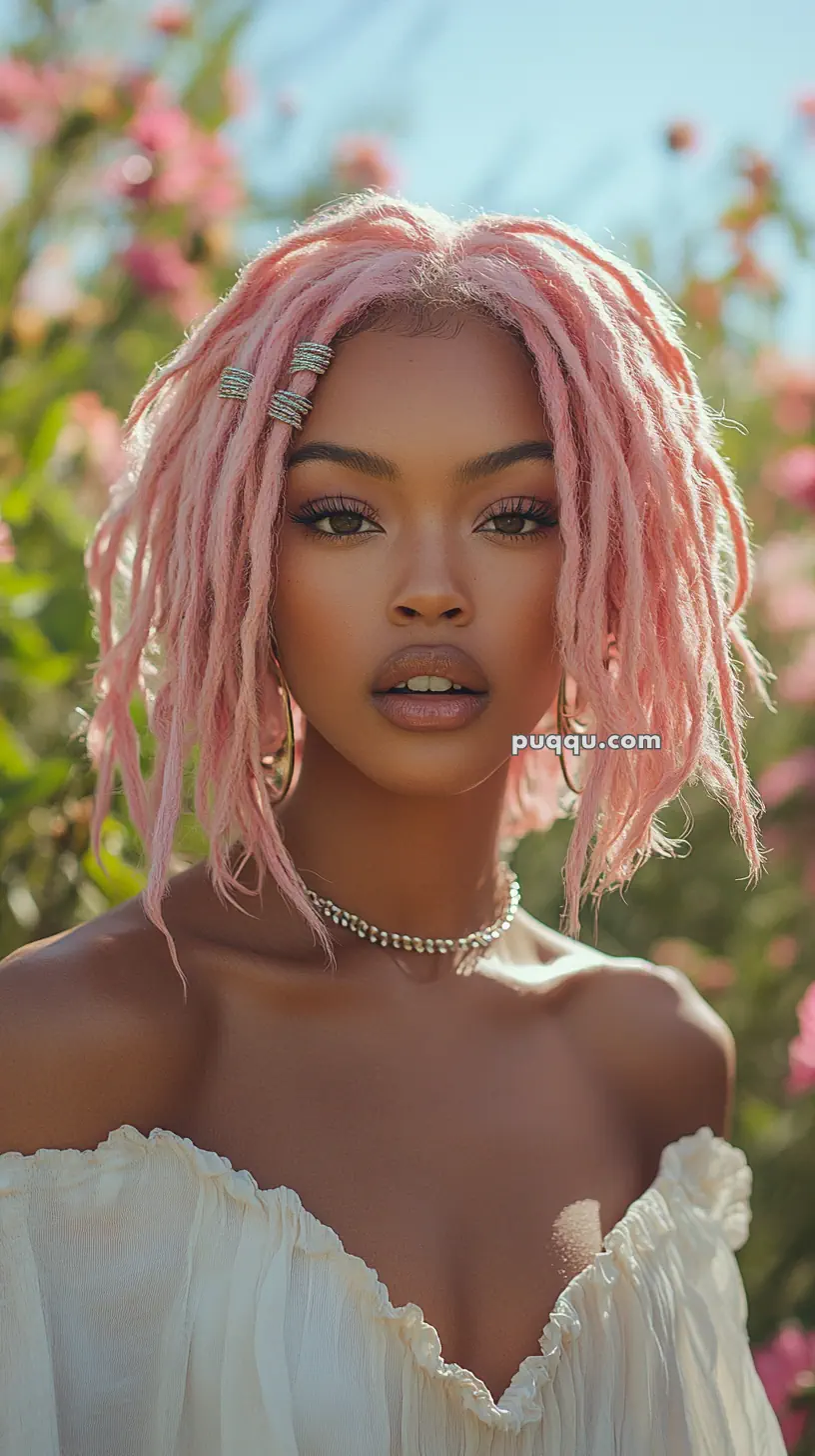 A woman with pink dreadlocks, wearing a white off-shoulder top and a necklace, poses outdoors in front of a blurred floral background.