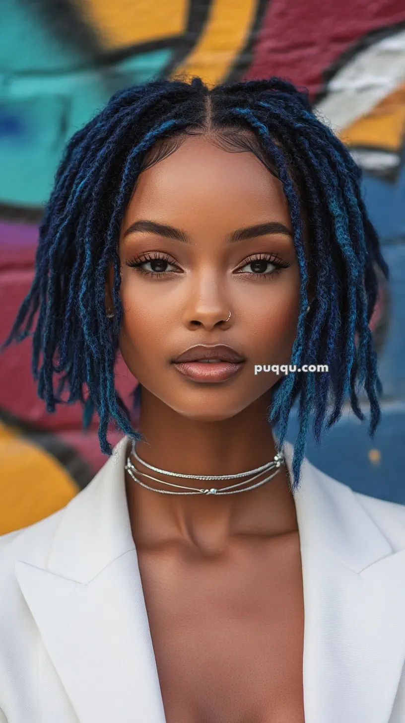 A woman with blue locs and a nose ring wearing a white blazer, in front of a colorful graffiti wall.