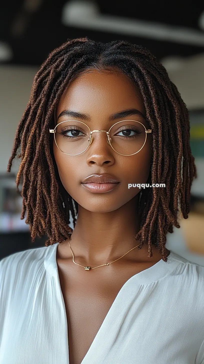 A woman with short locs and glasses, wearing a white top and a necklace, looking directly at the camera.