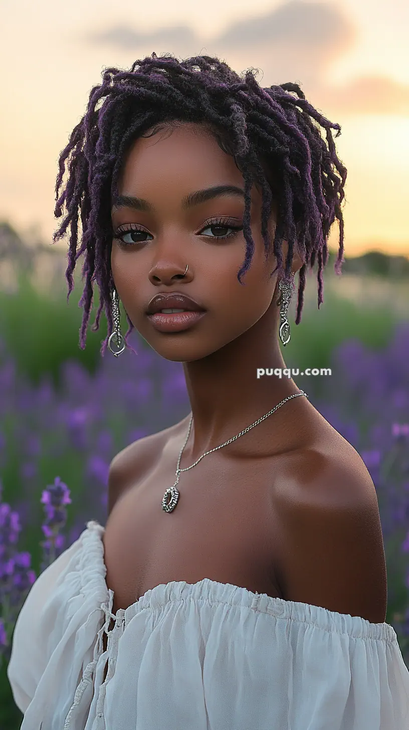 A woman with short purple locs, wearing a white off-the-shoulder top, standing in a lavender field at sunset.