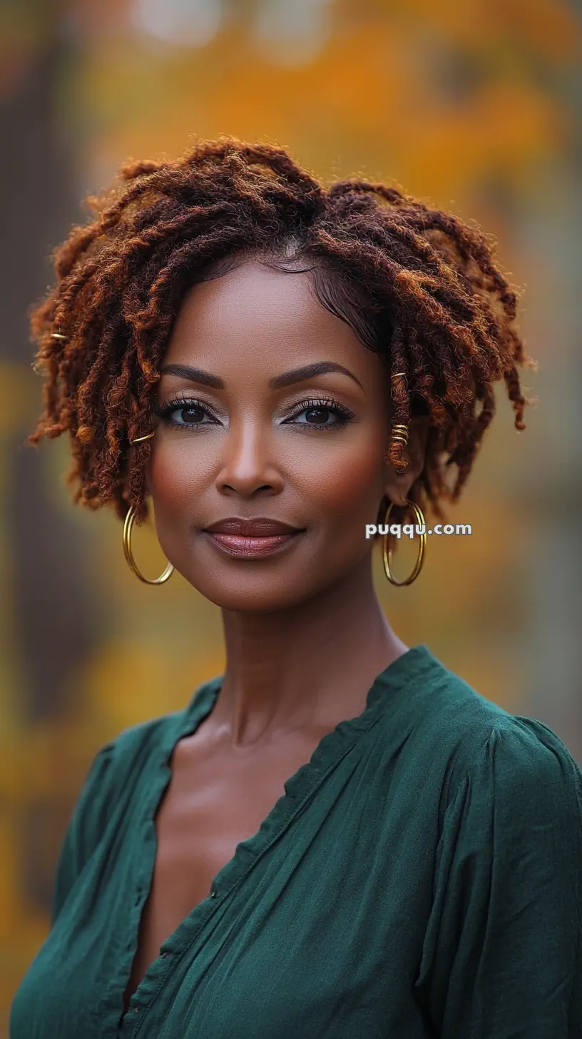 A woman with short curly hair, wearing hoop earrings and a green top, posing outdoors with a blurred fall foliage background.