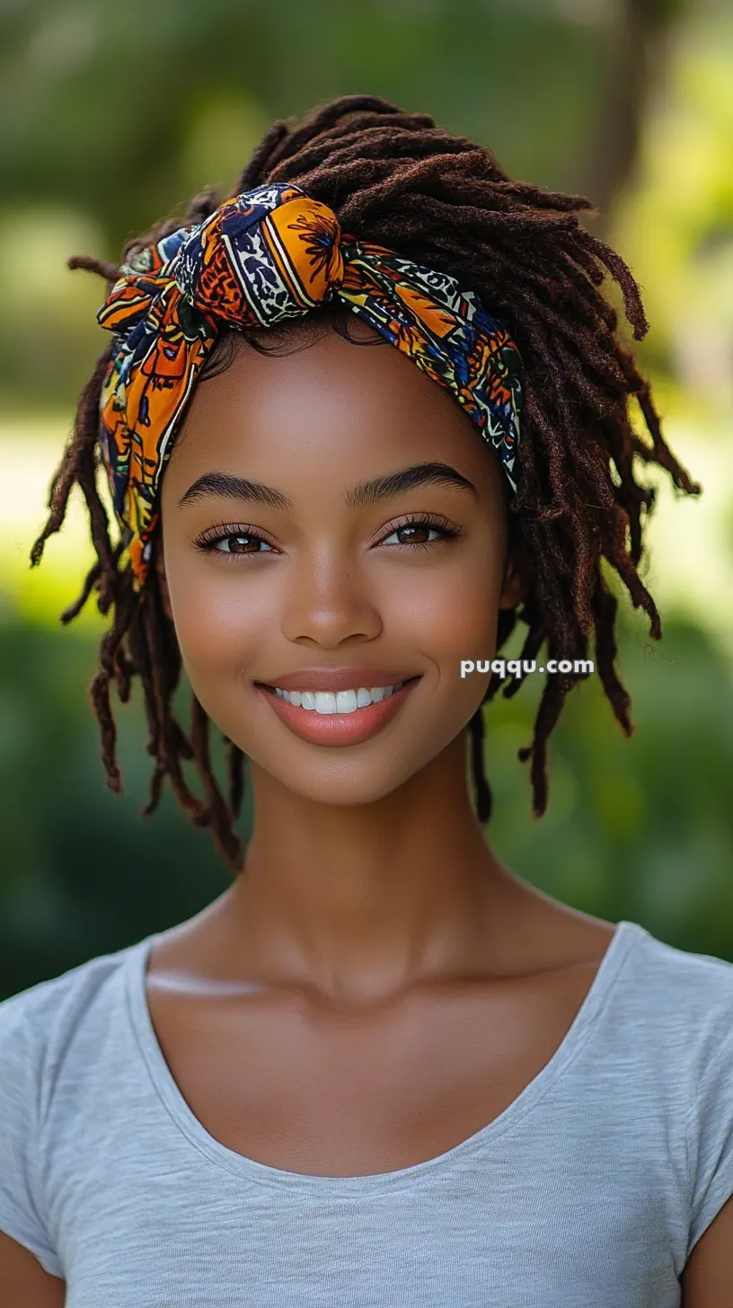 A woman smiling, wearing a colorful headscarf with dreadlocks, and a light gray shirt.