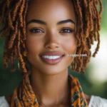 Woman with dreadlocks smiling, wearing an orange patterned scarf.