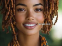 Woman with dreadlocks smiling, wearing an orange patterned scarf.