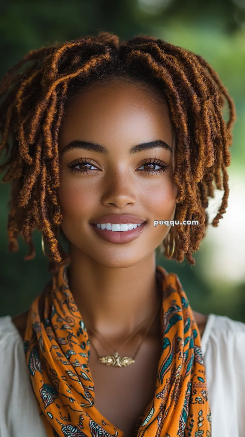 Woman with dreadlocks smiling, wearing an orange patterned scarf.