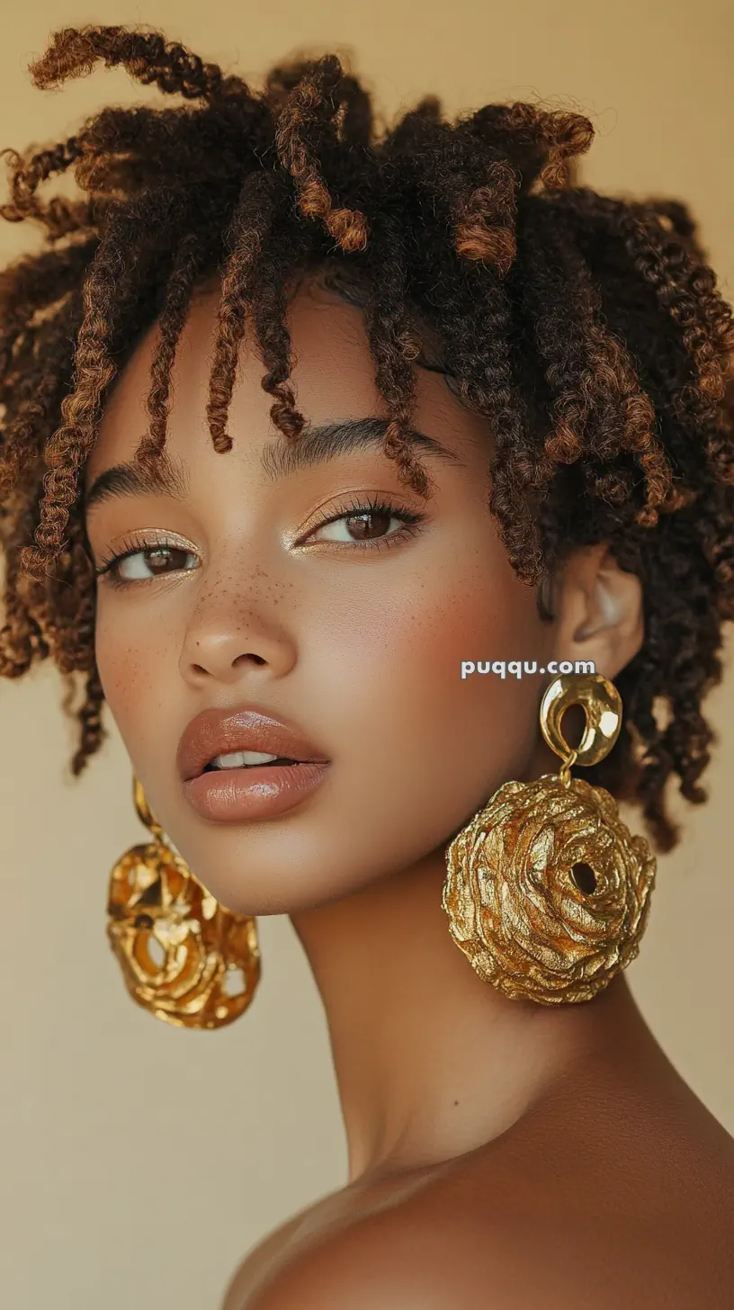 A woman with curly hair wearing large gold earrings and subtle makeup, set against a neutral background.