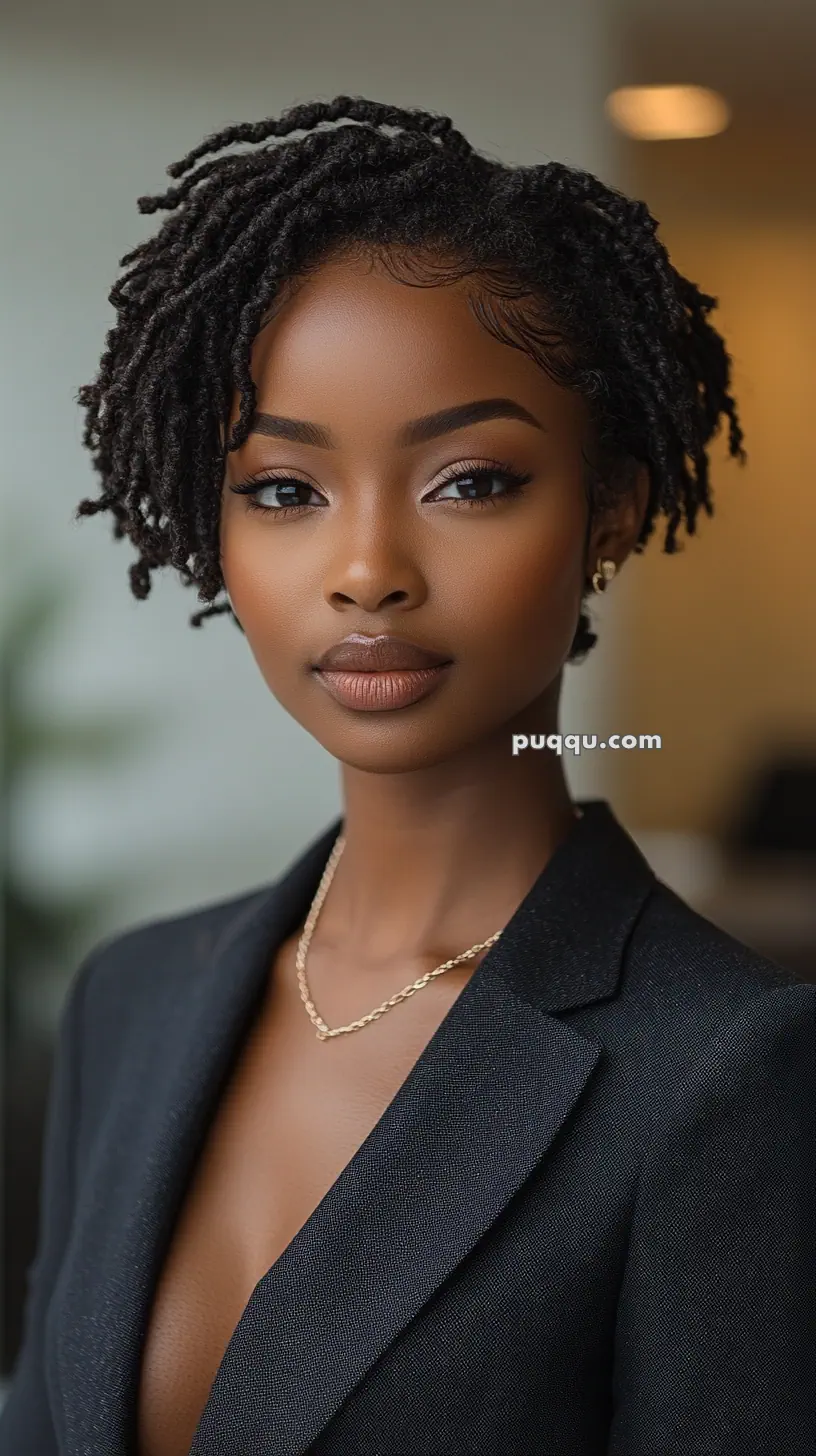 A person with short curly hair wearing a black blazer and a gold chain necklace, looking directly at the camera.