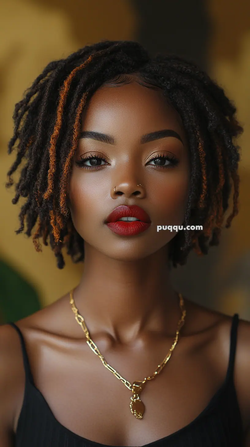 A woman with short dreadlocks, wearing a gold necklace and red lipstick, against a blurred background.