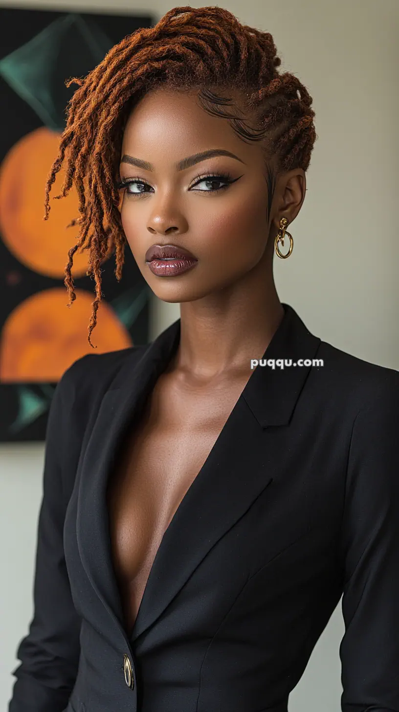 A woman with styled, reddish-brown locs and makeup wears a black blazer and gold hoop earrings.