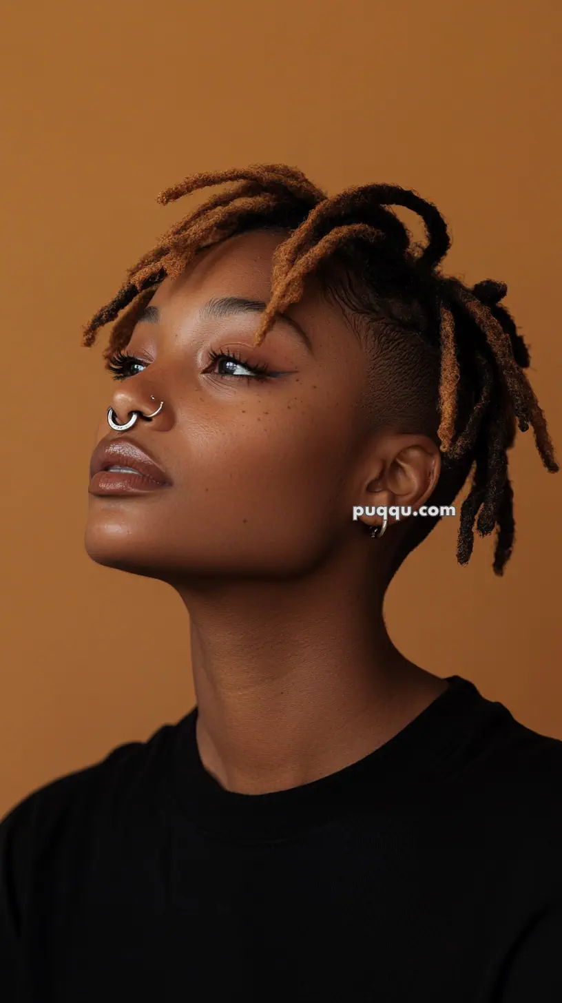 Person with short dreadlocks and septum piercing against a brown background.