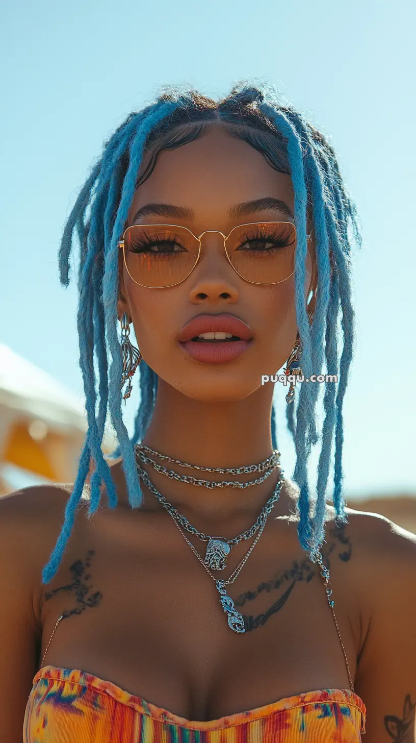 Person with blue braided hair, wearing sunglasses and layered necklaces, with tattoos visible, set against a clear blue sky.