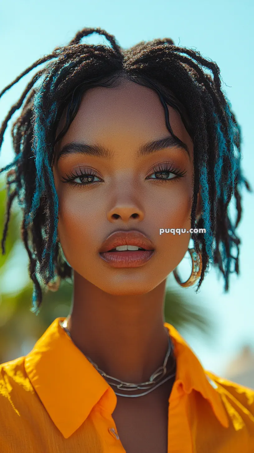 Portrait of a person with short locs and blue highlights, wearing a bright yellow shirt and chain necklace, with a blurred outdoor background.