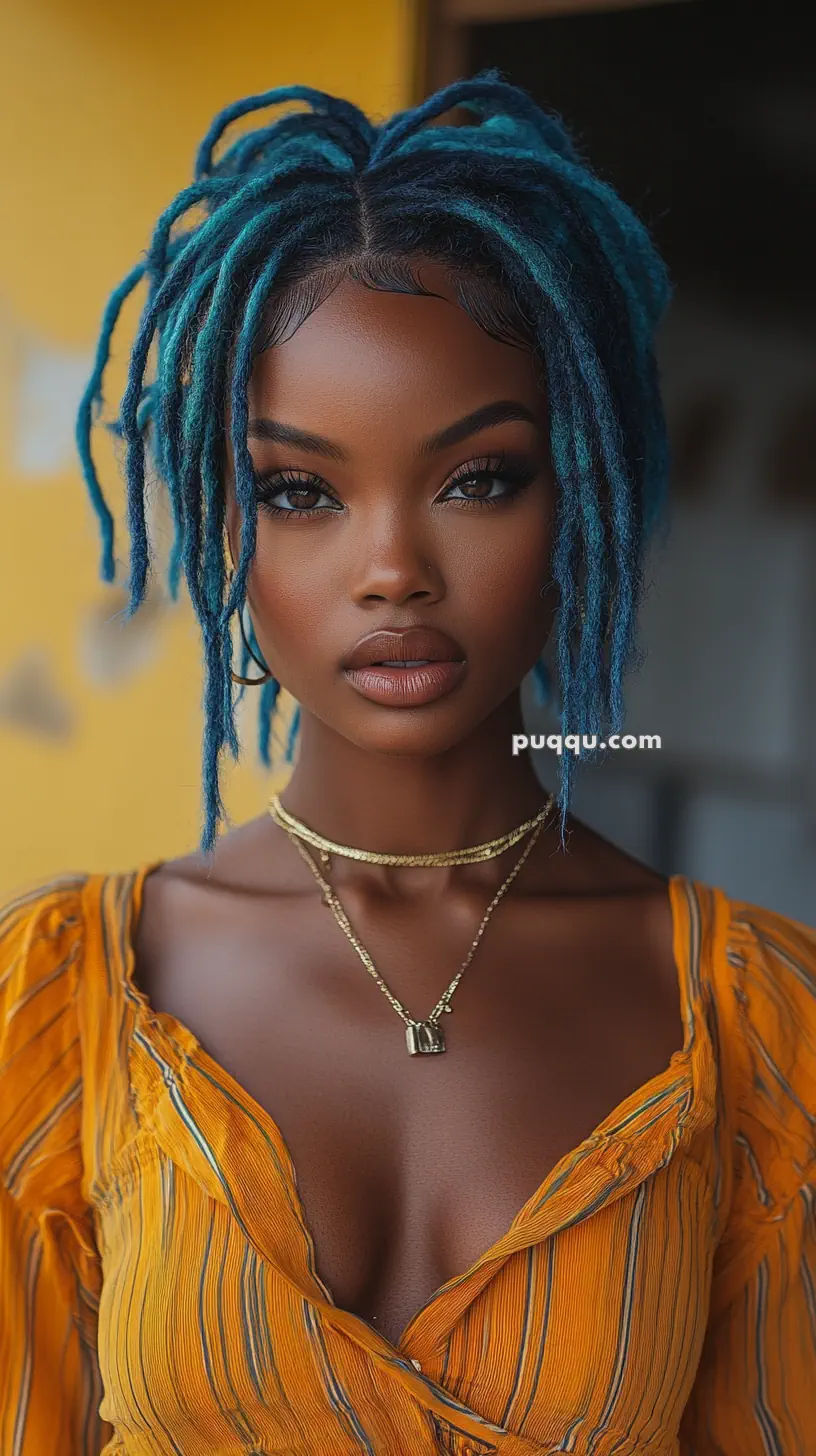 A woman with blue dreadlocks wearing a yellow top and a necklace, standing against a blurred background.