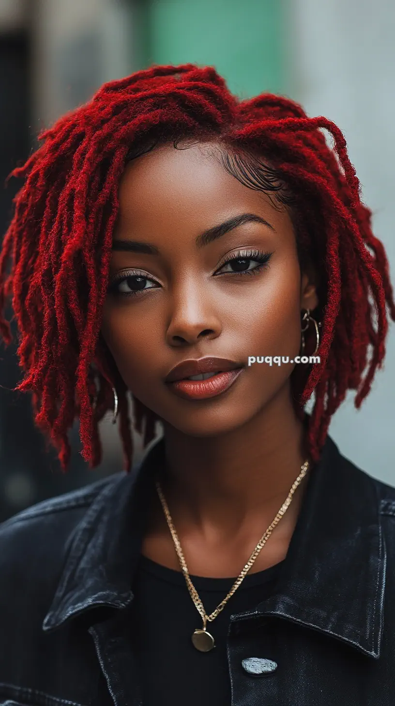 Portrait of a person with red locs, wearing a black jacket and gold chain necklace.