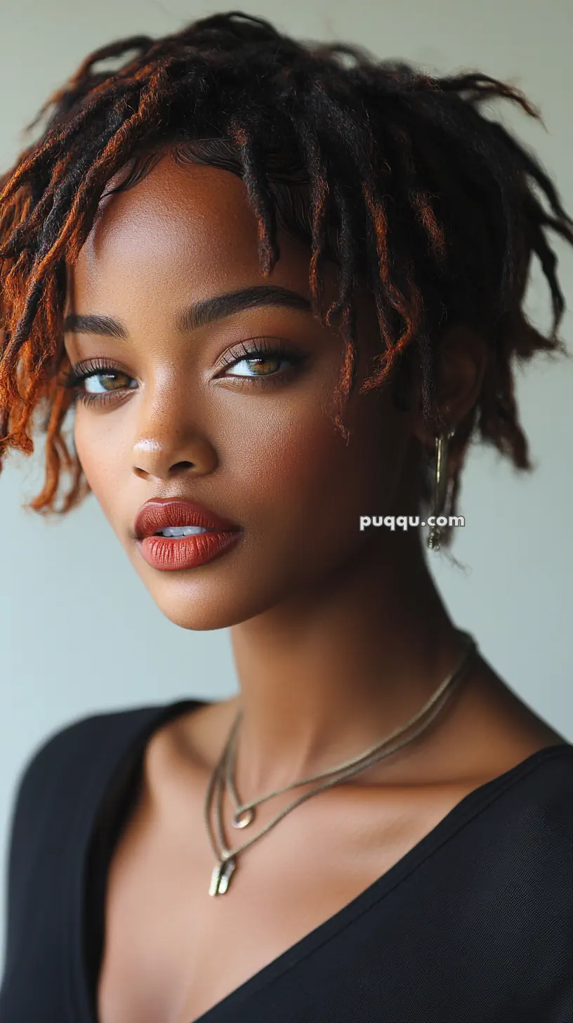 A woman with short, curly hair and subtle makeup wearing a black top and necklace.