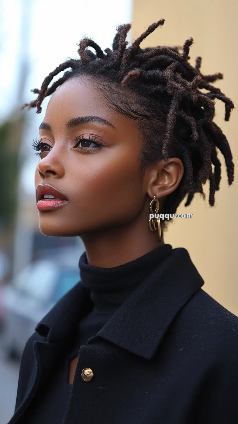 Woman with short locs wearing a black coat and gold hoop earrings.