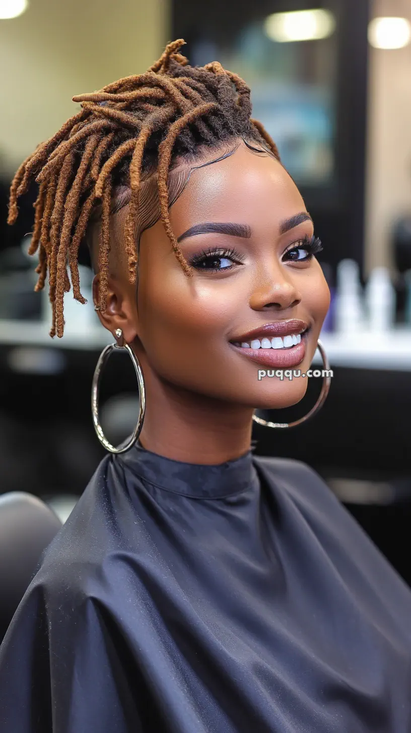 Smiling person with short, styled dreadlocks and hoop earrings sitting in a salon chair.