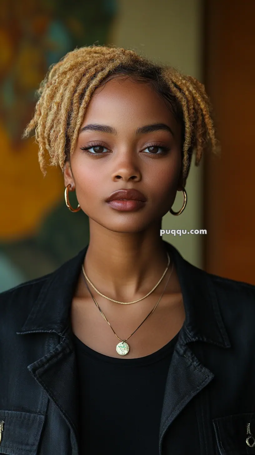 Woman with short curly hair, wearing hoop earrings and layered necklaces, in a black top and jacket.