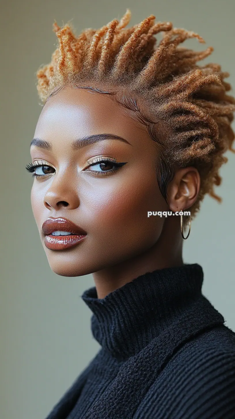 A portrait of a woman with short, textured hair and bold makeup, wearing hoop earrings and a black turtleneck sweater.