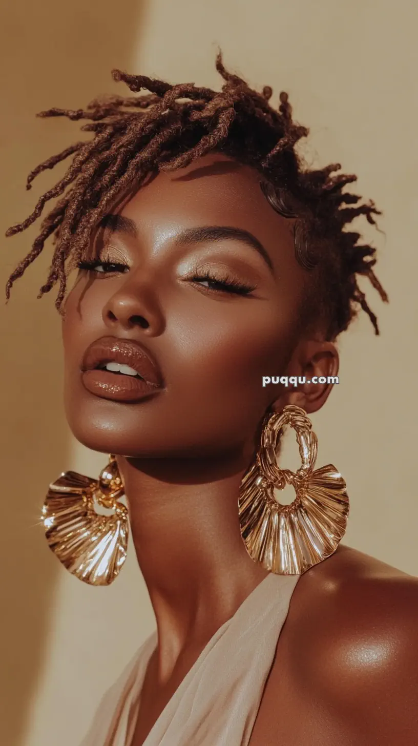 A woman with short, textured hair wears large, gold statement earrings and has her eyes closed.