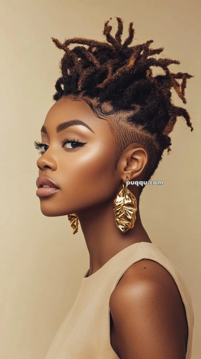 Woman with short, styled dreadlocks wearing large gold earrings and a sleeveless beige top, set against a beige background.