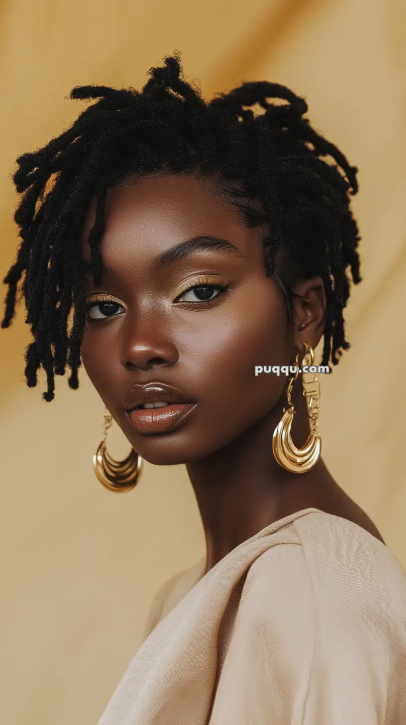 A person with short curly hair wearing large gold hoop earrings and a beige top, against a soft yellow background.