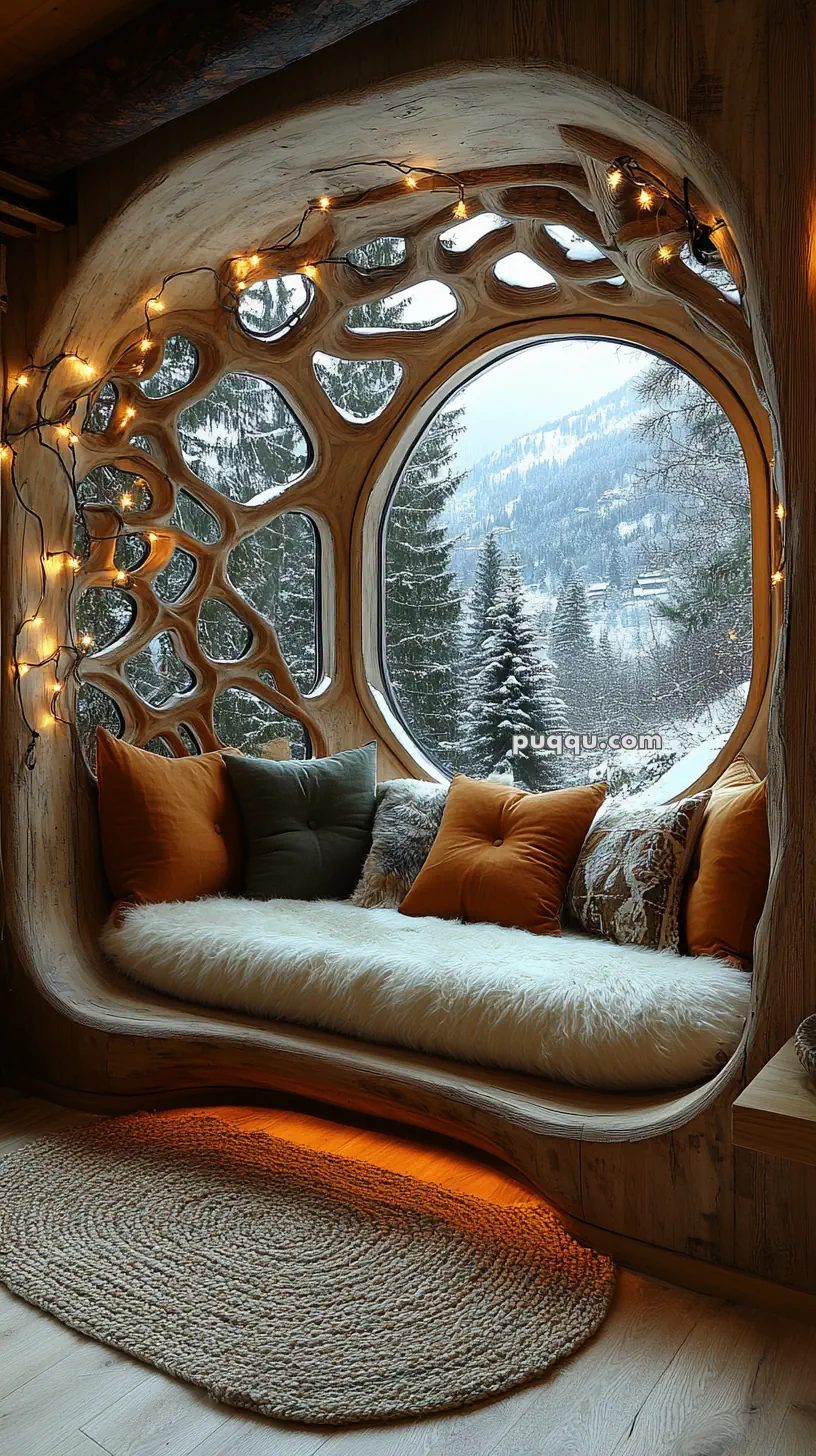 Cozy window nook with plush cushions, a fluffy rug, fairy lights, and a snowy mountain view.