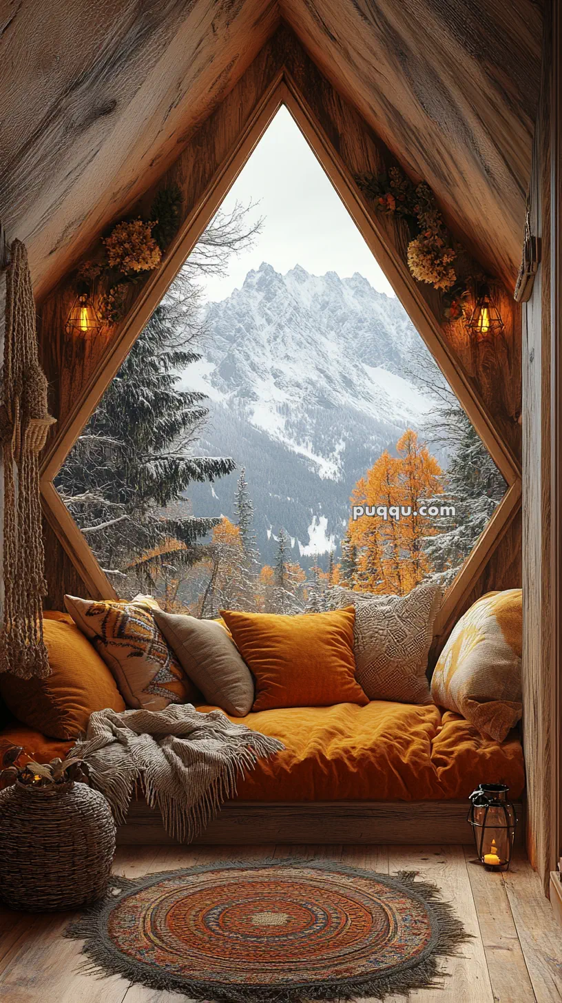 Cozy wooden interior with a triangular window showcasing a snowy mountain and autumn trees, featuring a cushioned bench with pillows, woven basket, and a candle lantern.