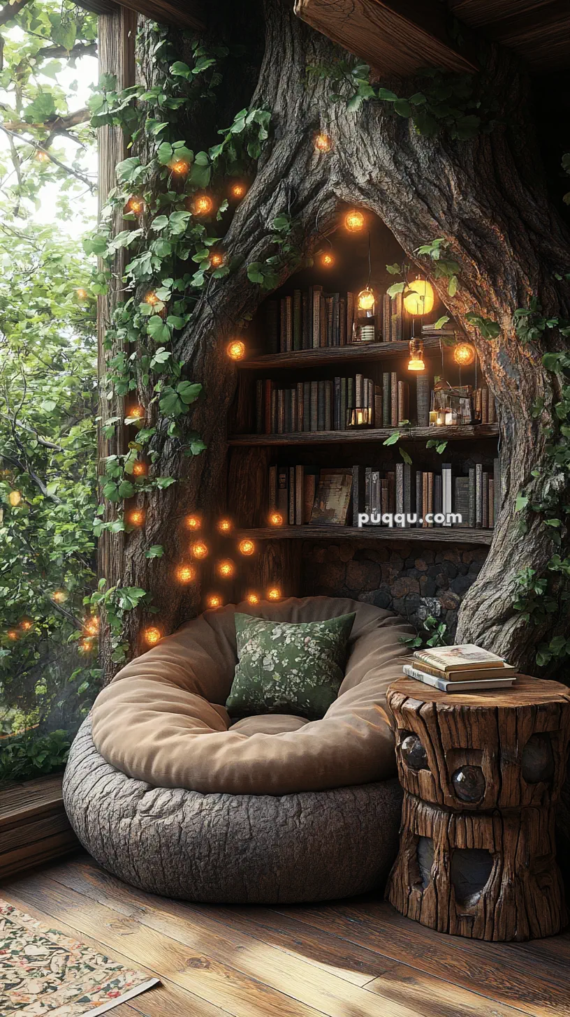 Cozy reading nook with a tree trunk bookshelf, large round cushion chair, wooden side table, and string lights, surrounded by greenery.