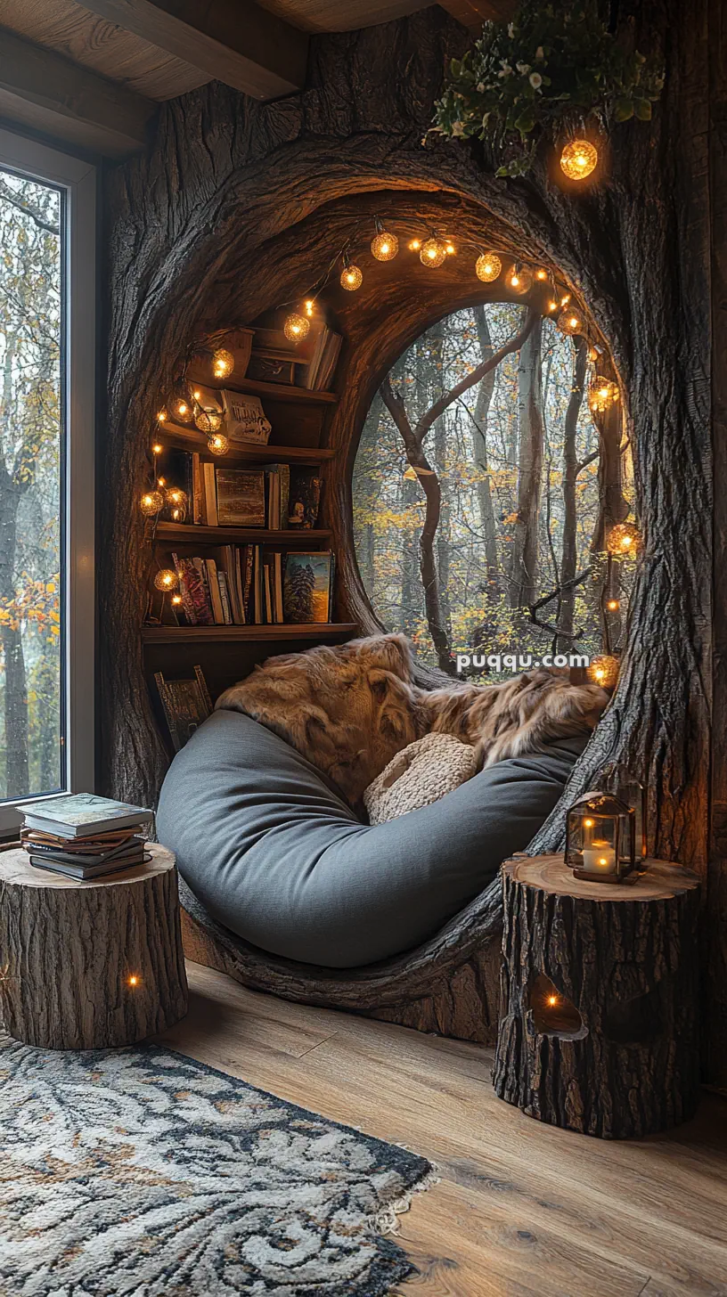 Cozy reading nook with a tree-shaped bookshelf, round window, plush cushion, and warm string lights.