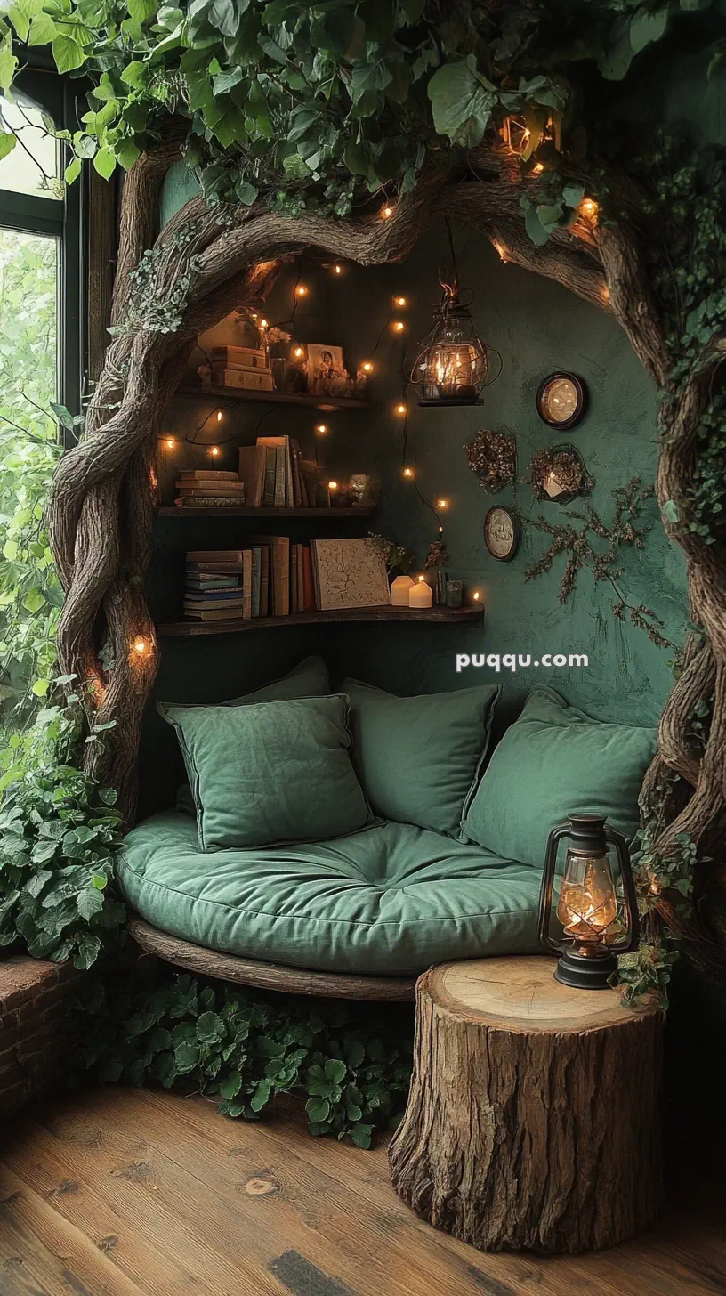 Cozy nook with a circular cushioned seat, surrounded by tree branches and fairy lights, filled with books and greenery.